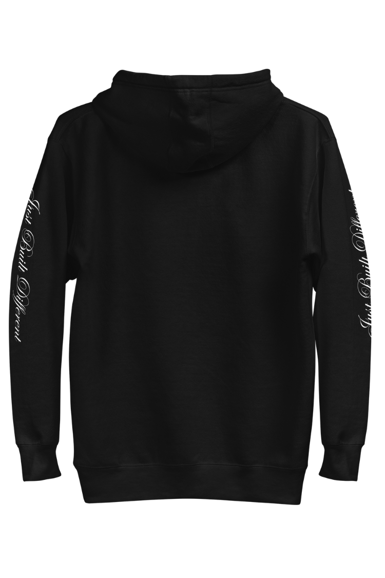 Karhold Black street style hoodie with text on sleeves. Men's hoodie. Women's hoodie. Unisex hoodie. Back side