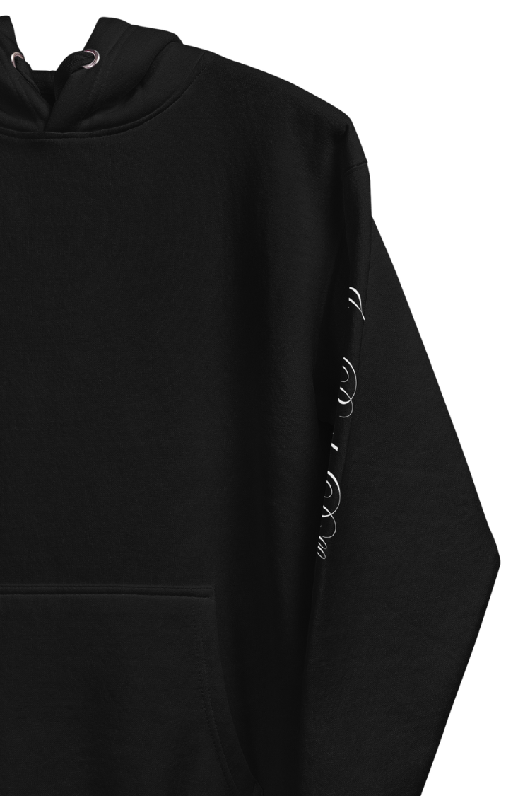 Karhold Black street style hoodie with text on sleeves. Men's hoodie. Women's hoodie. Unisex hoodie. Close up right side