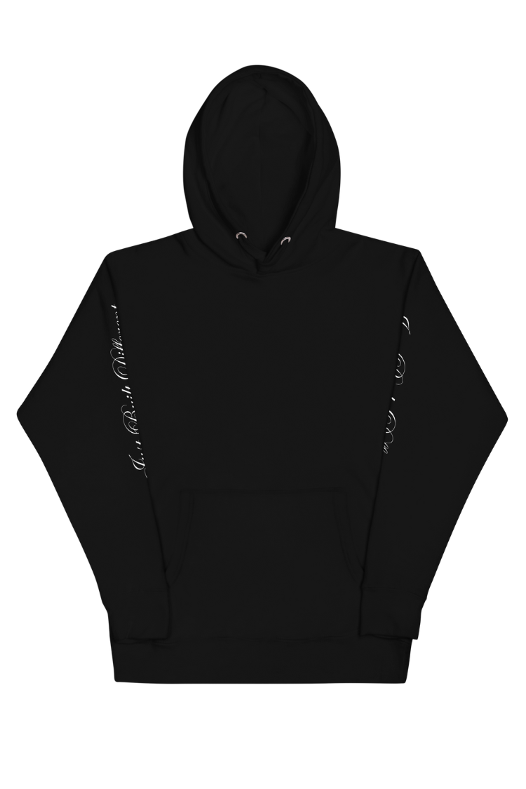 Karhold Black street style hoodie with text on sleeves. Men's hoodie. Women's hoodie. Unisex hoodie Front side. Flat