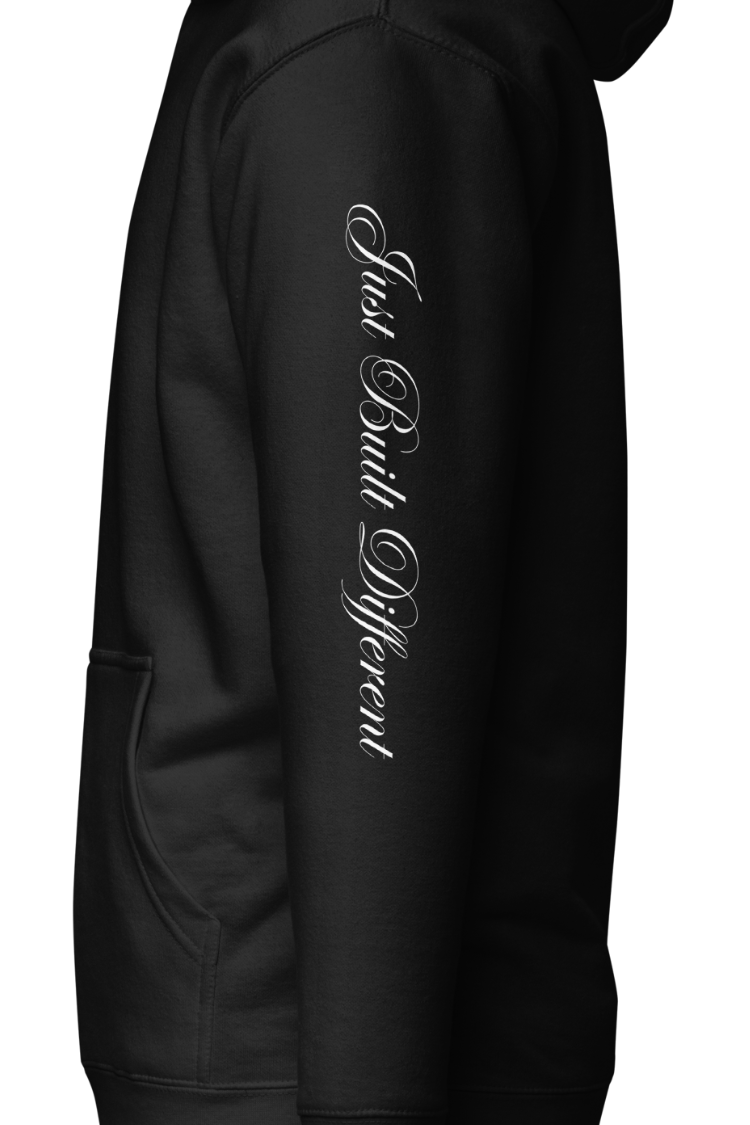 Karhold Black street style hoodie with text on sleeves. Men's hoodie. Women's hoodie. Unisex hoodie left side.