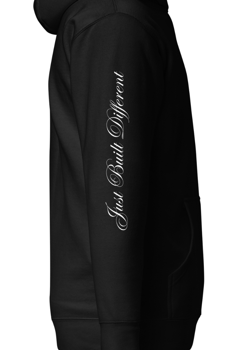 Karhold Black street style hoodie with text on sleeves. Men's hoodie. Women's hoodie. Unisex hoodie right side.