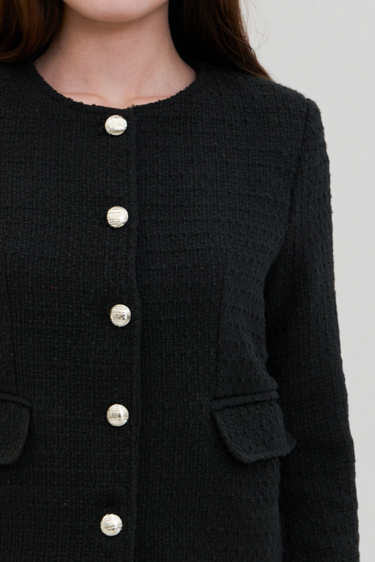 Womens black cardigan jacket with buttons Channel style. Side image. Women’s black jacket with silver buttons. Close up image. Blazer