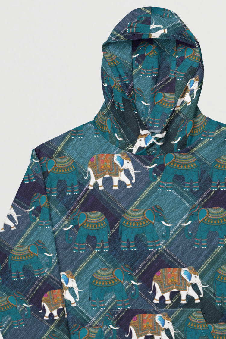 Patterned pants with animal design. Elephant design hoodie. SIAM hoodie Women’s hoodie Men’s hoodie. Thailand hoodie. Close up.