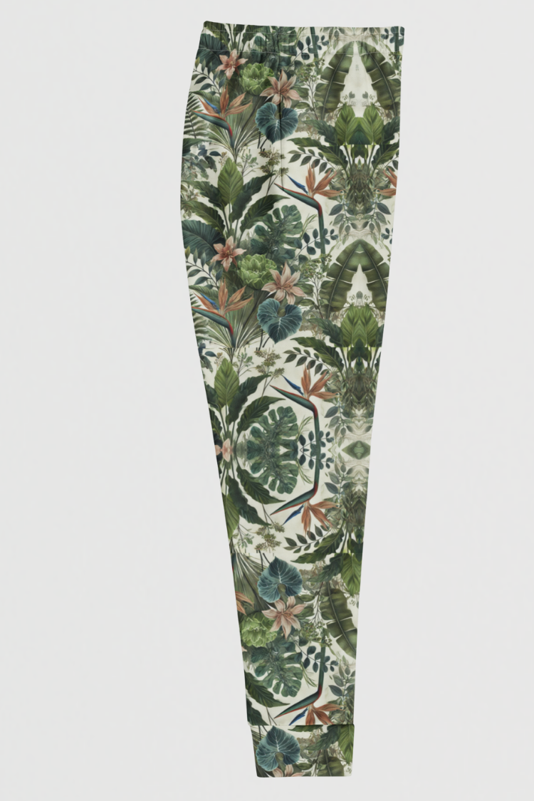 Tropical leaf patterned pants. TROPICAL joggers. Flower leaf pattern sweatpants. Graphics sweatpants. Women's sweatpants. Men's sweatpants summer pants. Left image.