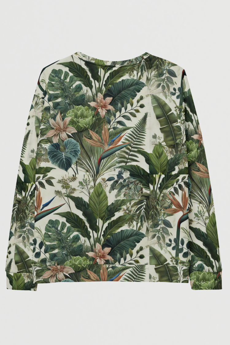 Jungle leaf patterned shirt. Tropical leaf patterned sweatshirt. TROPICAL sweatshirt. Flower leaf pattern sweatshirt. Graphics sweatshirt. Women's sweatshirt. Men's sweatshirt summer sweatshirt. Summer top. Back image.