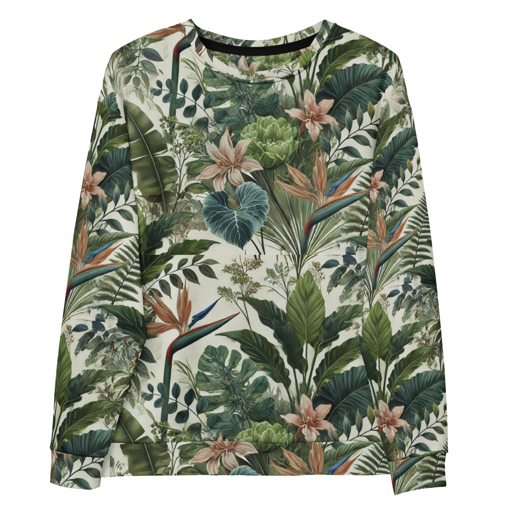 Jungle leaf patterned shirt. Tropical leaf patterned sweatshirt. TROPICAL sweatshirt. Flower leaf pattern sweatshirt. Graphics sweatshirt. Women's sweatshirt. Men's sweatshirt summer sweatshirt. Summer top. Front image.