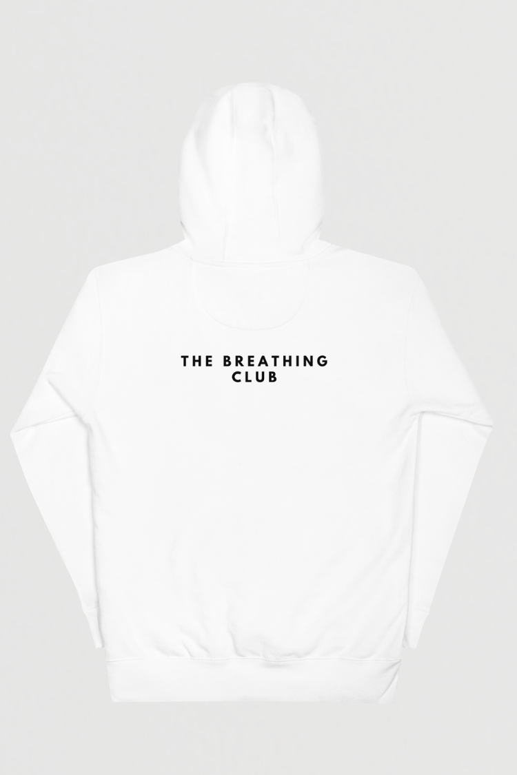 White hoodie with 'THE BREATHING CLUB' text on a light gray background. Unisex hoodie Men’s hoodie Women’s hoodie White hoodie with a bear graphic and 'Just Breathe' text. 100% cotton. Back image