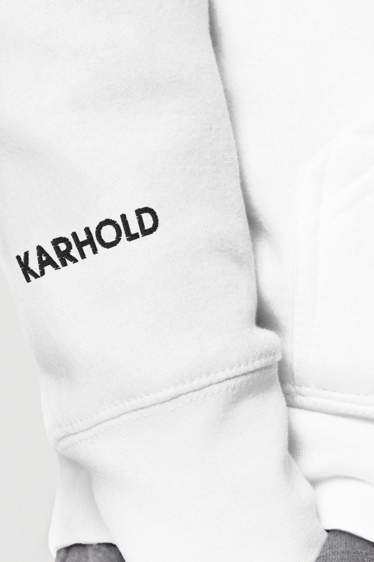 White Hoodie with 'KARHOLD' branding on a white background. Unisex hoodie Men’s hoodie Women’s hoodie white hoodie with a bear graphic and 'Just Breathe' text. 100% cotton.
