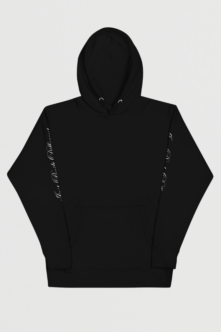 Karhold Black street style hoodie with text on sleeves. Men's hoodie. Women's hoodie. Unisex hoodie Front side. 