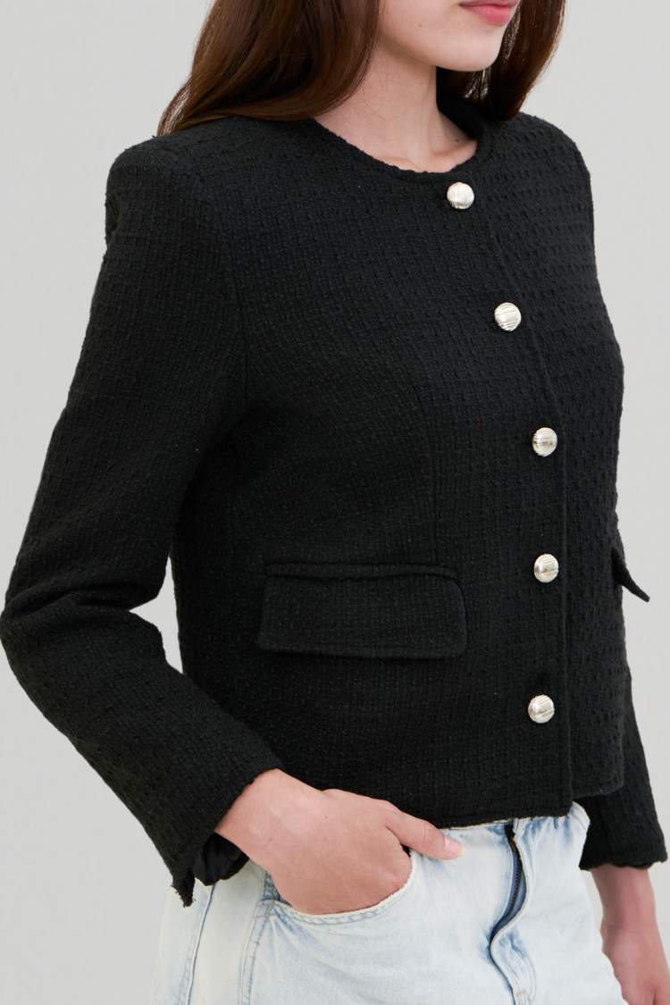 Womens black cardigan jacket with buttons Channel style. Side image. Blazer