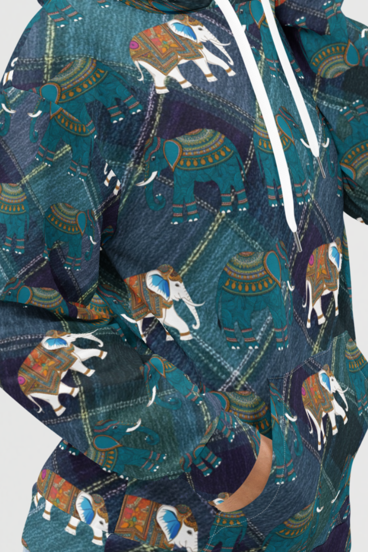 Patterned pants with animal design. Elephant design hoodie. SIAM hoodie Women’s hoodie Men’s hoodie. Thailand hoodie. Side image. 