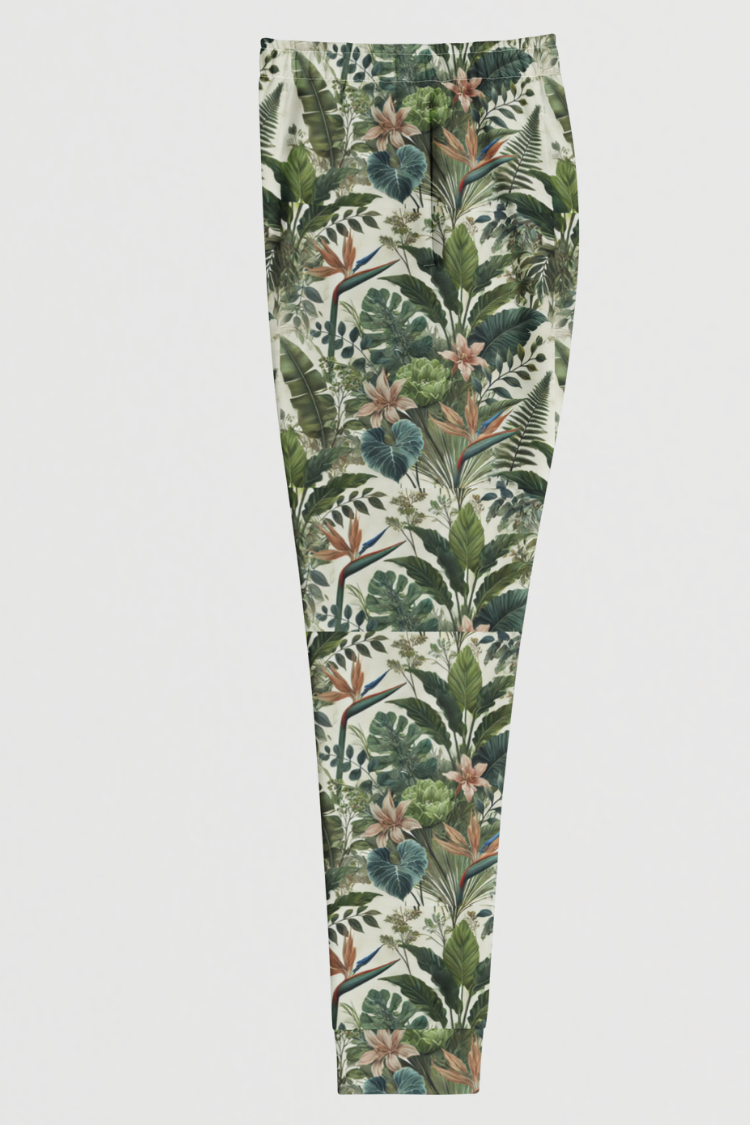 Tropical leaf patterned pants. TROPICAL joggers. Flower leaf pattern sweatpants. Graphics sweatpants. Women's sweatpants. Men's sweatpants summer pants. Side image.