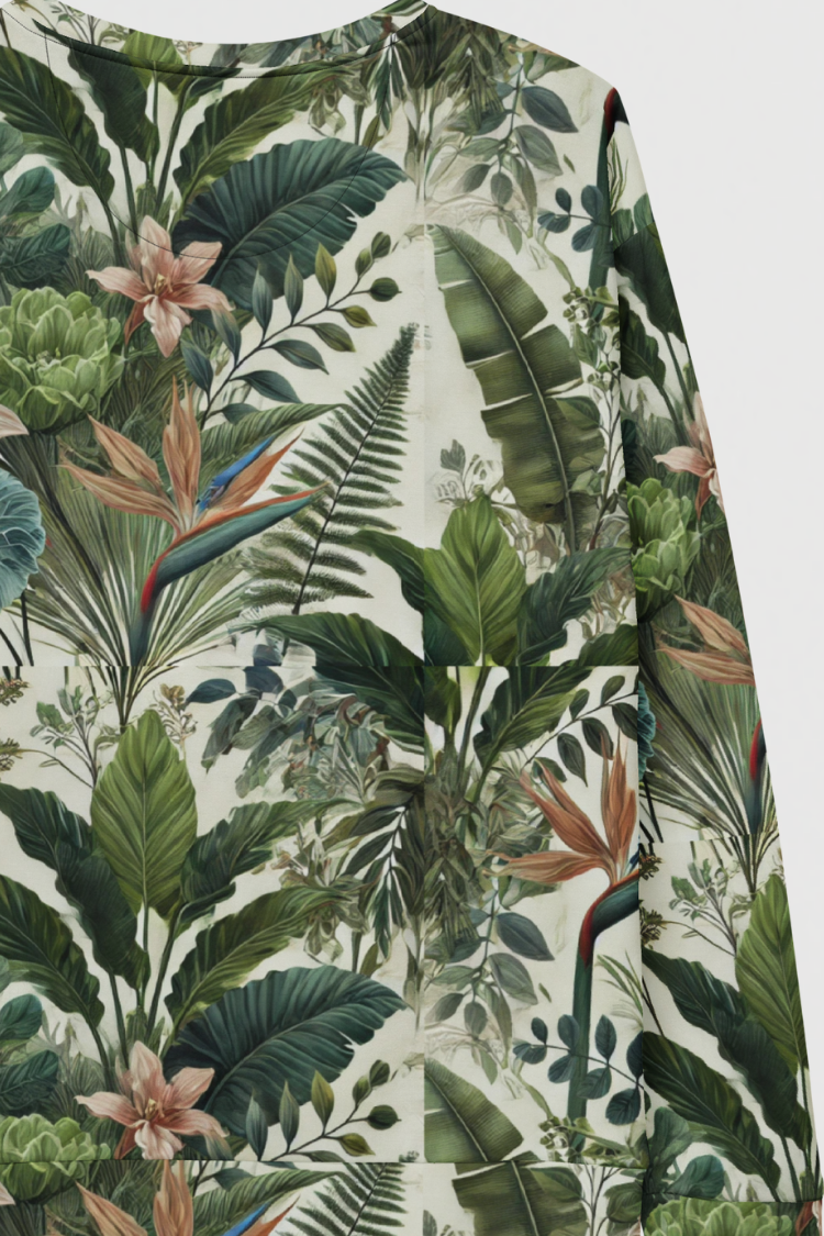 Tropical leaf patterned sweatshirt. TROPICAL sweatshirt. Flower leaf pattern sweatshirt. Graphics sweatshirt. Women's sweatshirt. Men's sweatshirt summer sweatshirt. Summer top. Close up back image. 