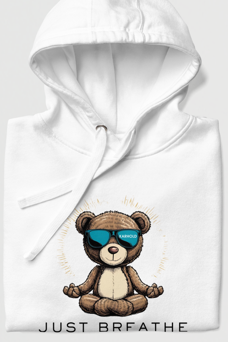 Unisex hoodie Men’s hoodie Women’s hoodie White hoodie with a bear graphic and 'Just Breathe' text. 100% cotton. 